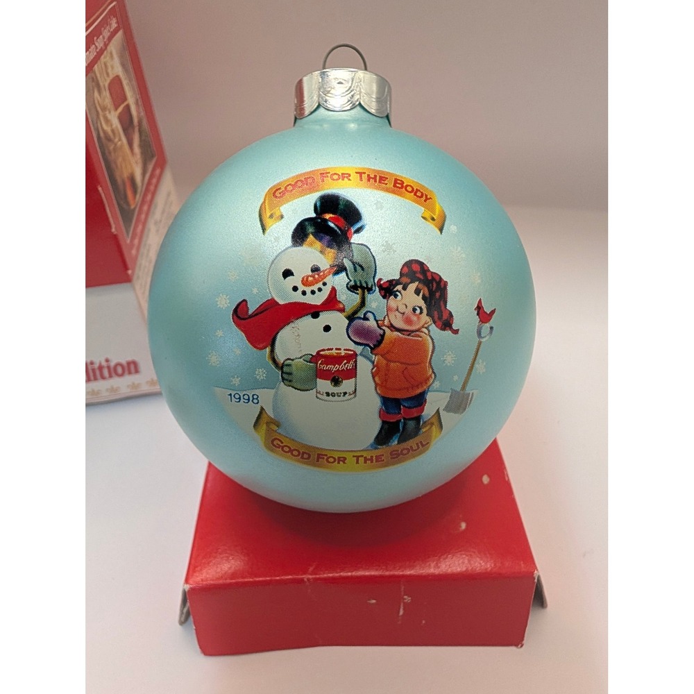 Campbells Soup 1998 Collectors Edition Glass Ornament Snowman Kids Blue Vintage